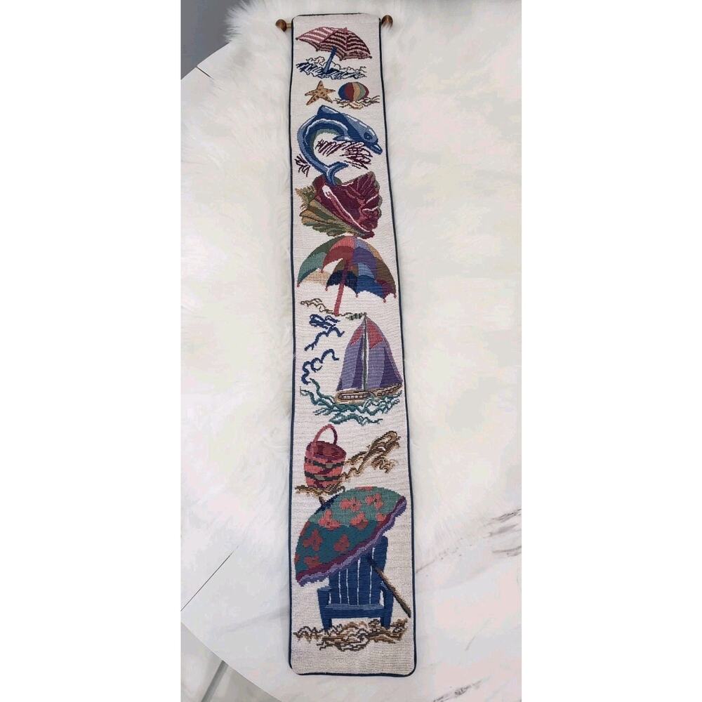 GORGEOUS completed nautical beach dolphin needlepoint tapestry wall hanging